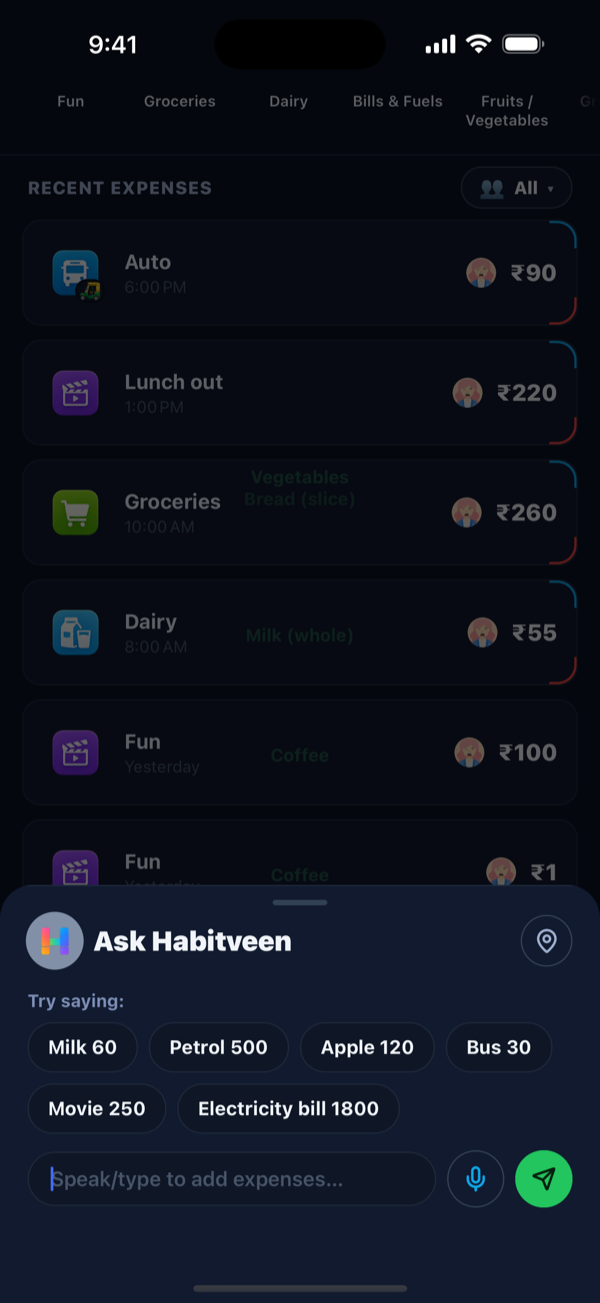 Ask Habitveen — add expenses by voice or text