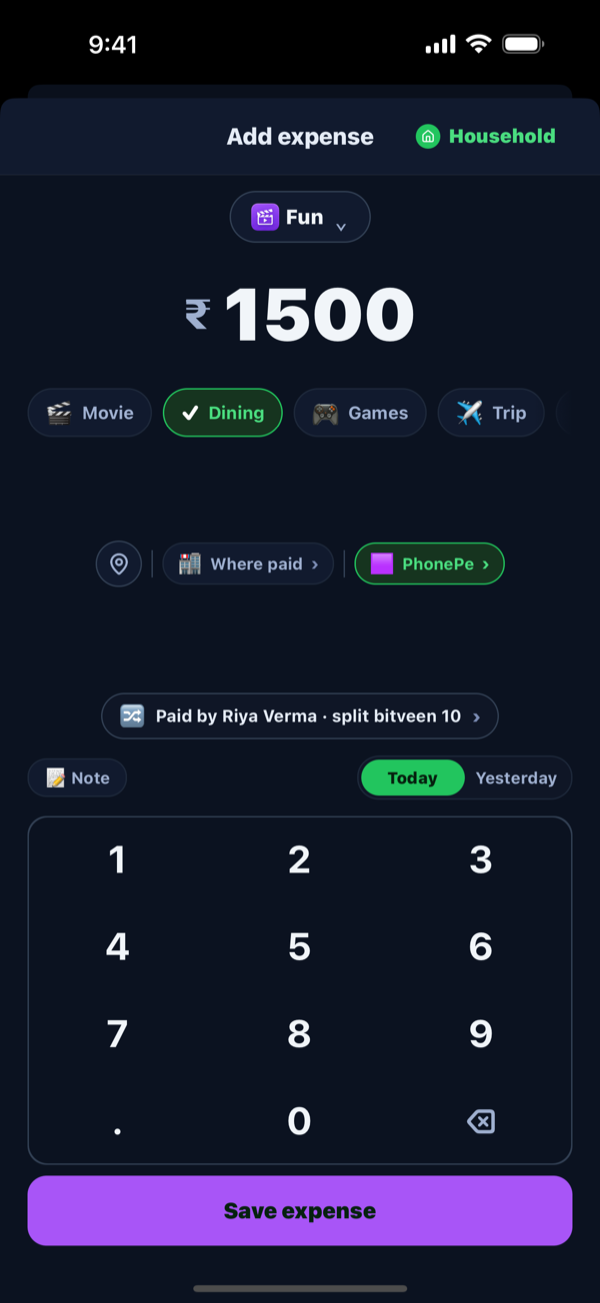 One-tap expense entry — tap an icon, enter the amount