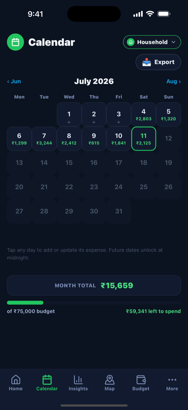 Calendar — per-day totals and budget progress