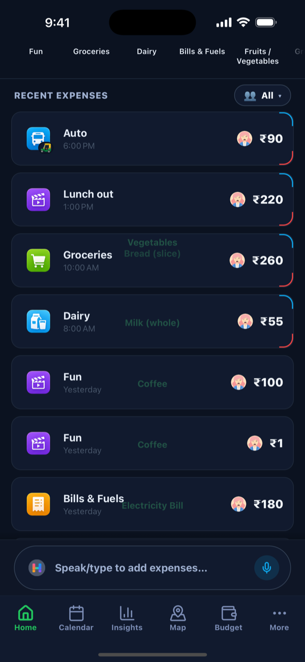 Recent expenses with items and members
